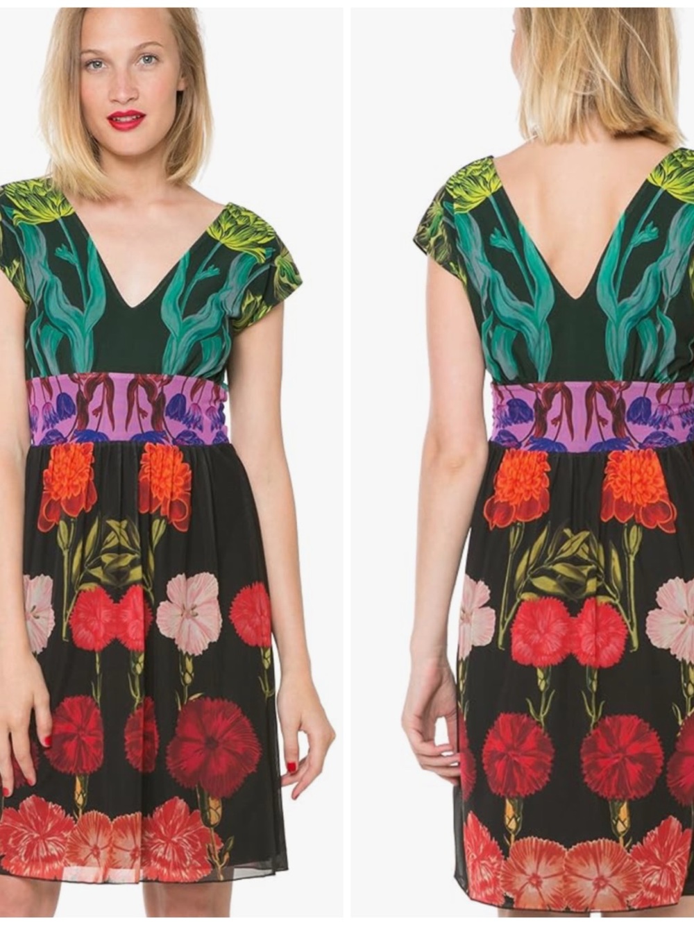 Desigual Black Floral V-Neck Fit & Flare Dress with Green Bodice Medium